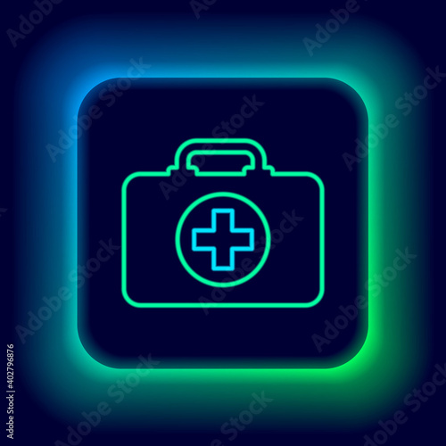 Free Download Glowing neon line First aid kit icon isolated on black background. Medical box with cross. Medical equipment for emergency. Healthcare concept. Colorful outline concept. Vector. - GFXLoad