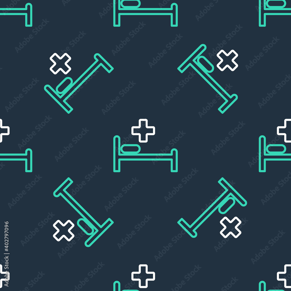Obraz premium Line Hospital bed with Medical symbol of the Emergency - Star of Life icon isolated seamless pattern on black background. Vector.