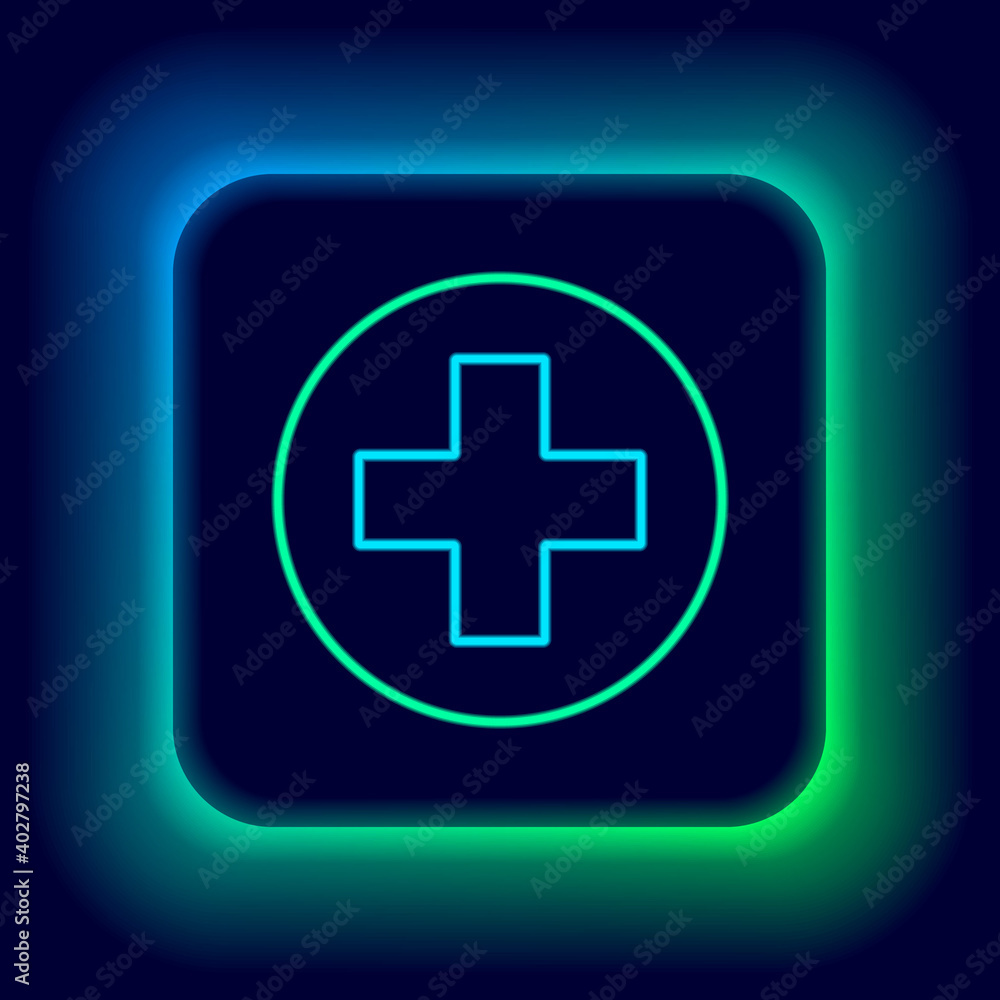 Glowing neon line Medical cross in circle icon isolated on black background. First aid medical symbol. Colorful outline concept. Vector. Glowing neon line Medical cross in circle icon isolated on black background. First aid medical symbol. Colorful outline concept. Vector.