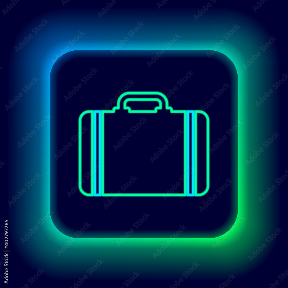 Glowing neon line Suitcase for travel icon isolated on black background. Traveling baggage sign. Travel luggage icon. Colorful outline concept. Vector. Glowing neon line Suitcase for travel icon isolated on black background. Traveling baggage sign. Travel luggage icon. Colorful outline concept. Vector.
