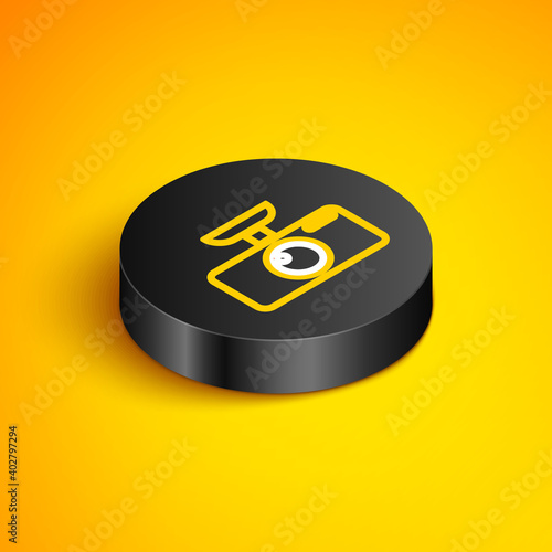 Isometric line Car DVR icon isolated on yellow background. Car digital video recorder icon. Black circle button. Vector.
