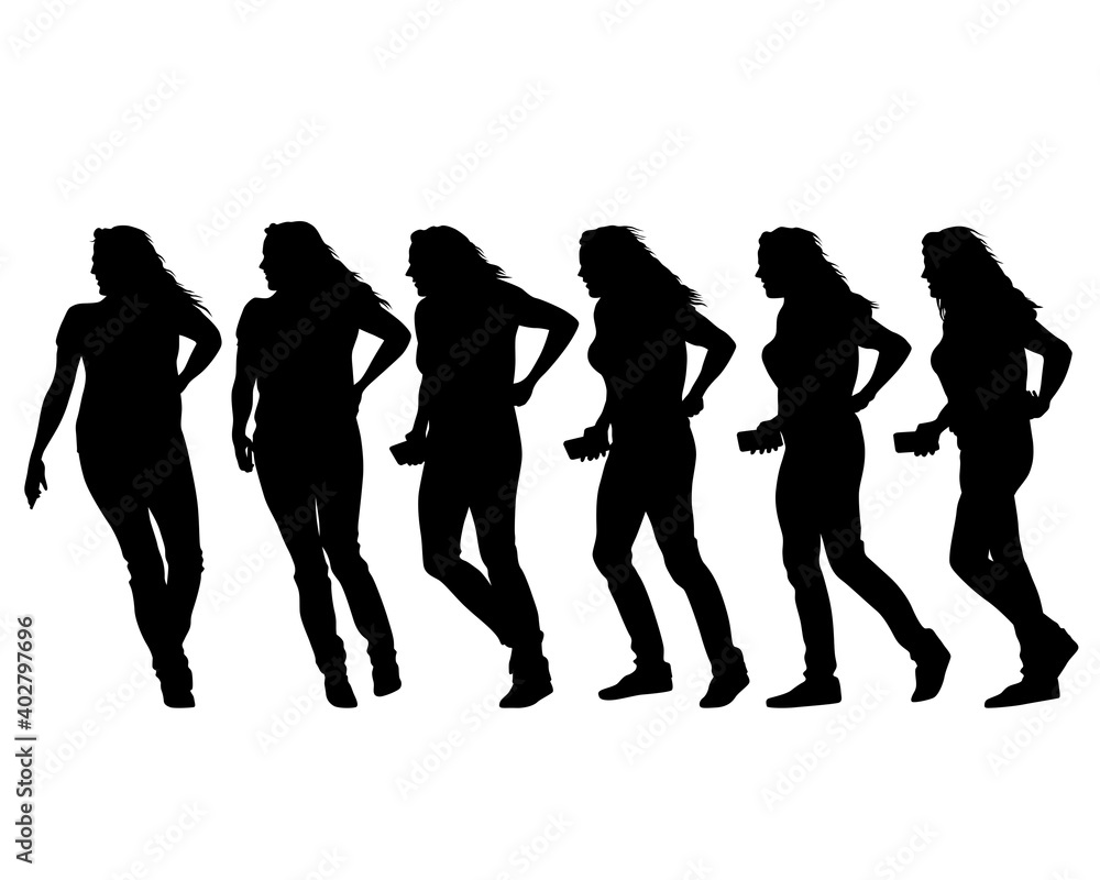 Young woman holds a smartphone in her hand. Isolated silhouettes of people on a white background Young woman holds a smartphone in her hand. Isolated silhouettes of people on a white background