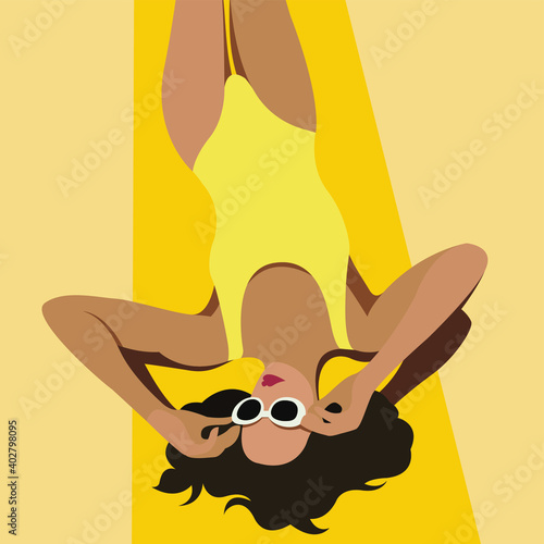 vector illustration on the theme of summer holidays. beautiful young tanned girl in a yellow swimsuit sunbathes on the beach. the picture can be used to decorate leaflets and flyers.