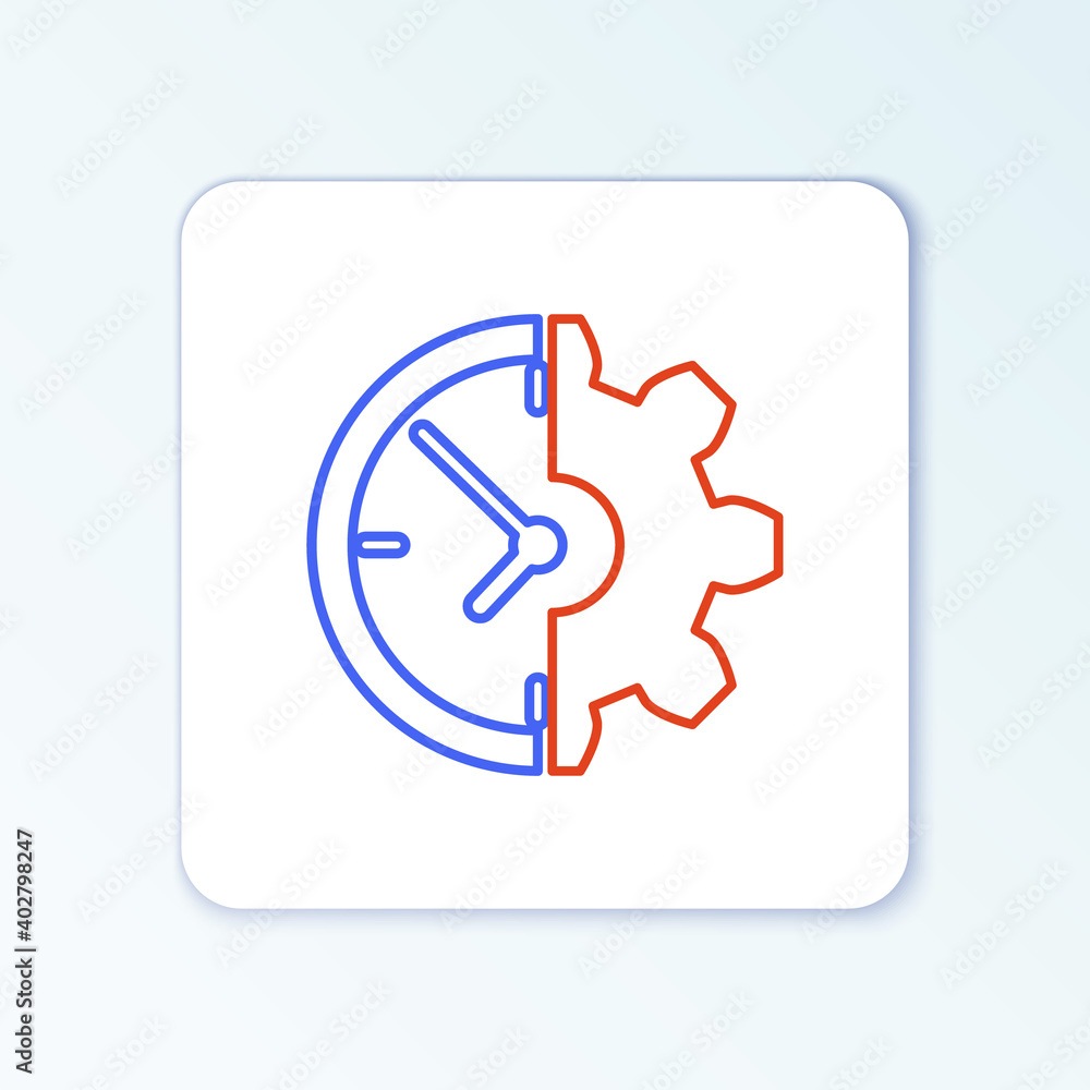 Line Clock and gear icon isolated on white background. Time Management symbol. Business concept. Colorful outline concept. Vector. Line Clock and gear icon isolated on white background. Time Management symbol. Business concept. Colorful outline concept. Vector.