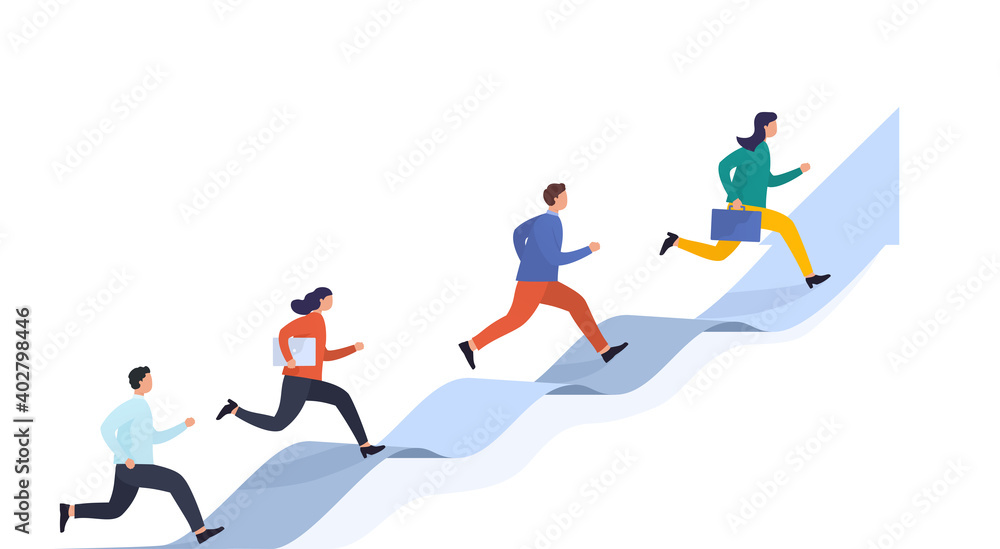 People run on arrow reaching target. Concept career success, startup and business development. Group of specialists different levels of profession move through obstacles. People run on arrow reaching target. Concept career success, startup and business development. Group of specialists different levels of profession move through obstacles.