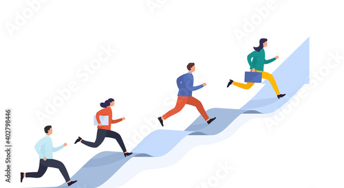 People run on arrow reaching target. Concept career success, startup and business development. Group of specialists different levels of profession move through obstacles. © Ramcreative
