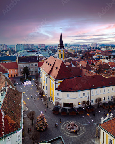 Aerial photo about  the old downtown of Szekesfehervar in Hungary. Amazing old historical buildings include churches, statues and monuments. photo