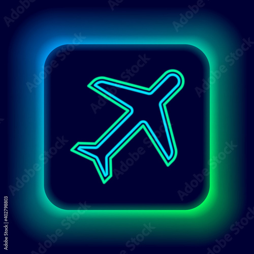 Glowing neon line Plane icon isolated on black background. Flying airplane icon. Airliner sign. Colorful outline concept. Vector.
