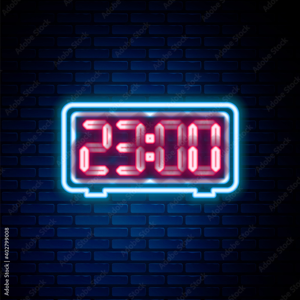 Glowing neon line Digital alarm clock icon isolated on brick wall background. Electronic watch alarm clock. Time icon. Colorful outline concept. Vector. Glowing neon line Digital alarm clock icon isolated on brick wall background. Electronic watch alarm clock. Time icon. Colorful outline concept. Vector.