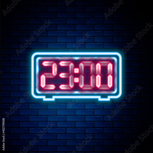 Glowing neon line Digital alarm clock icon isolated on brick wall background. Electronic watch alarm clock. Time icon. Colorful outline concept. Vector.