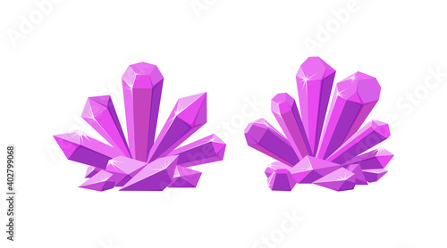 Pink crystals or gemstones for game design. Shining amethyst crystal isolated in white background. Vector illustration in cartoon style