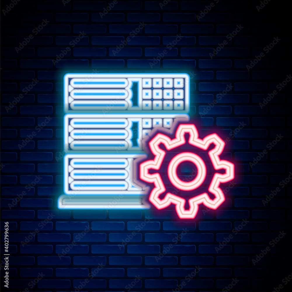 Glowing neon line Server setting icon isolated on brick wall background. Colorful outline concept. Vector. Glowing neon line Server setting icon isolated on brick wall background. Colorful outline concept. Vector.