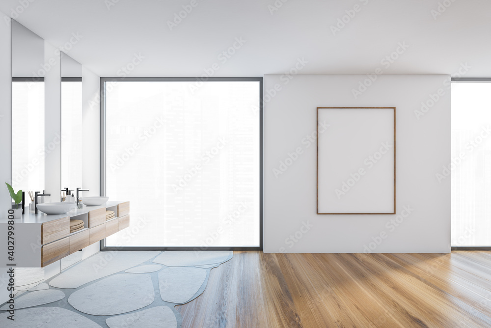 Mockup frame in white and wooden bathroom with two sinks and window Mockup frame in white and wooden bathroom with two sinks and window
