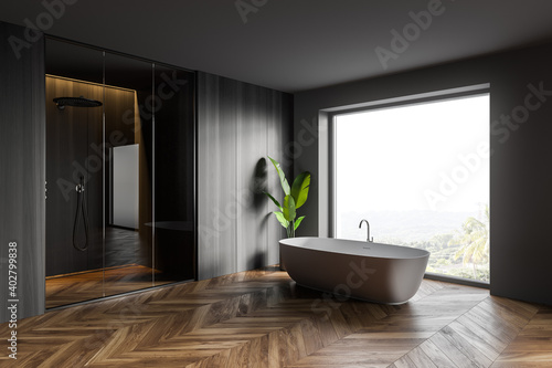 Fototapeta Naklejka Na Ścianę i Meble -  Gray and wooden bathroom corner with tub and shower