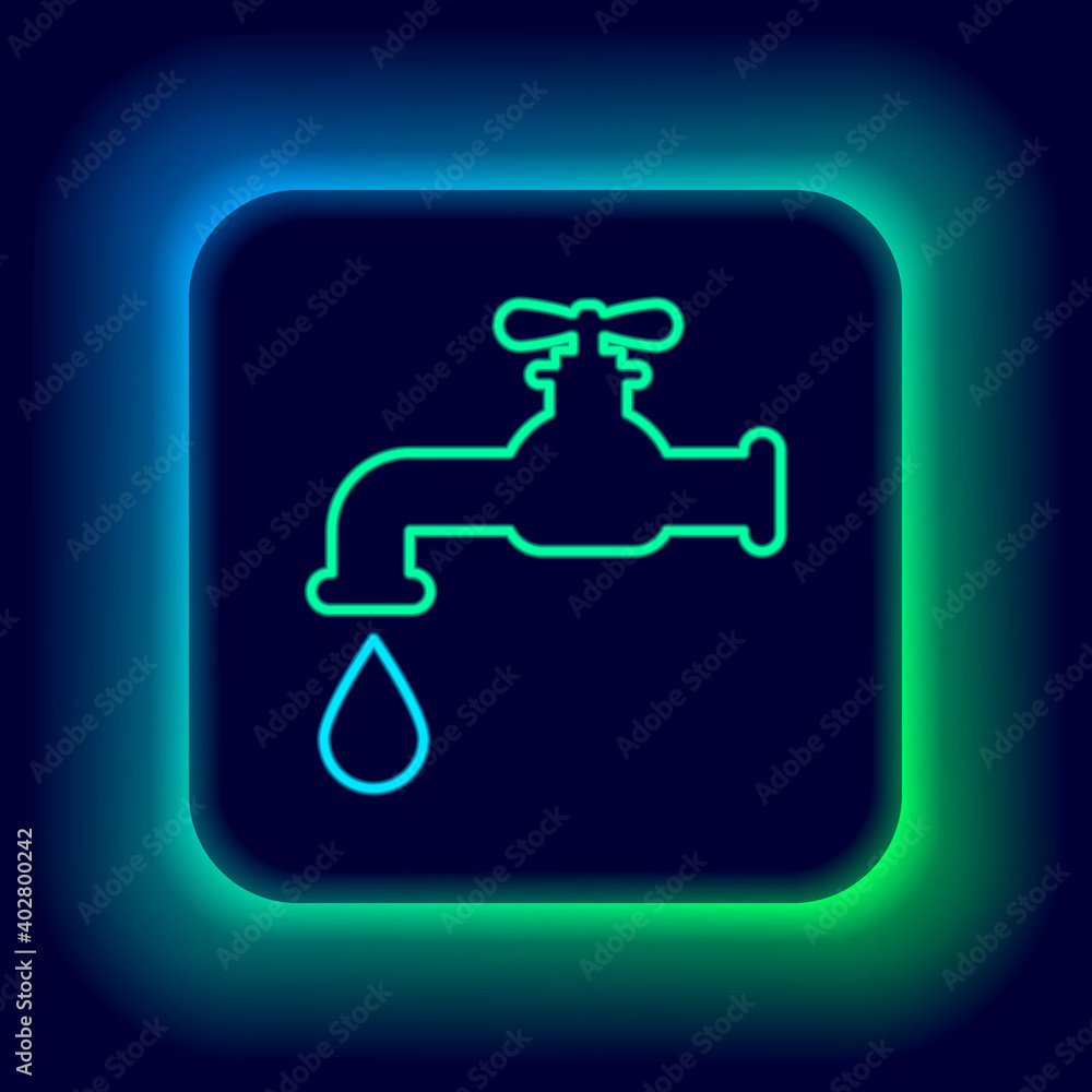 Glowing neon line Water tap with a falling water drop icon isolated on black background. Colorful outline concept. Vector. Glowing neon line Water tap with a falling water drop icon isolated on black background. Colorful outline concept. Vector.