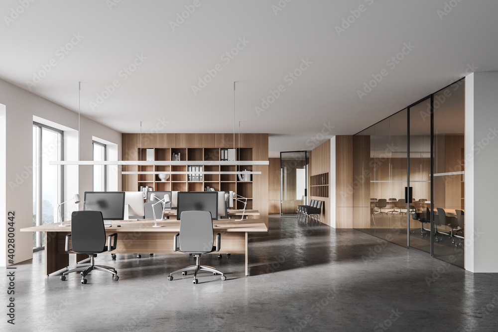 White and wooden open space office - obrazy, fototapety, plakaty 