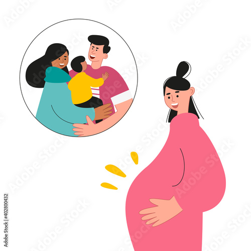 The smiling pregnant woman put her hand on her stomach. Surrogacy. Portrait of future parents after the birth of a child. Vector illustration of childbirth