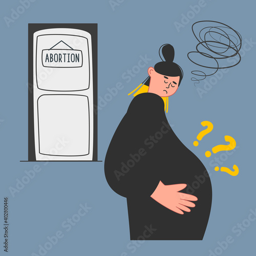 Sad pregnant girl is thinking about having an abortion. Late termination of pregnancy. The concept of unwanted pregnancy. Vector illustration