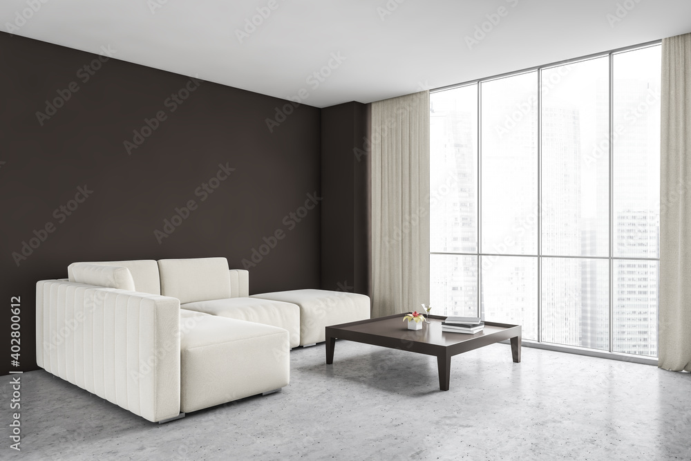 White sofa and big coffee table in living room with marble floor and window White sofa and big coffee table in living room with marble floor and window