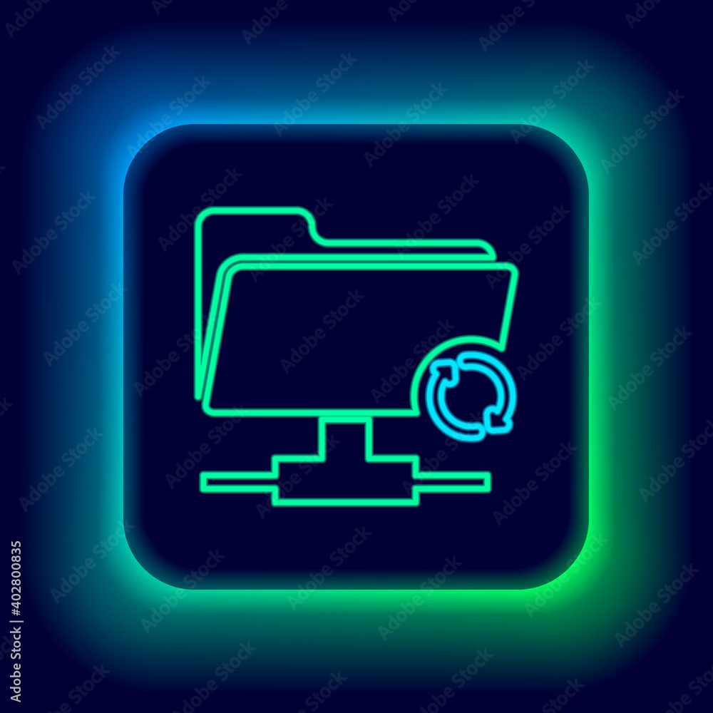 Glowing neon line FTP sync refresh icon isolated on black background. Software update, transfer protocol, router, teamwork tool management, copy process. Colorful outline concept. Vector. Glowing neon line FTP sync refresh icon isolated on black background. Software update, transfer protocol, router, teamwork tool management, copy process. Colorful outline concept. Vector.