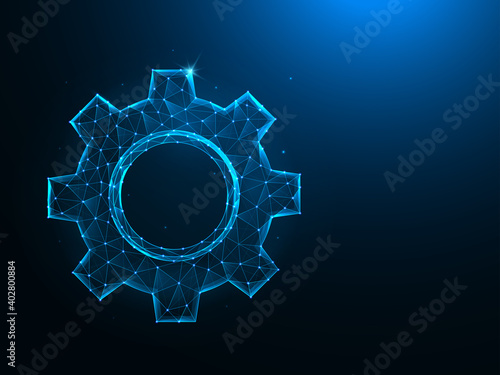 Gear or cogwheel low poly art. Settings or options polygonal vector illustrations on a blue background.