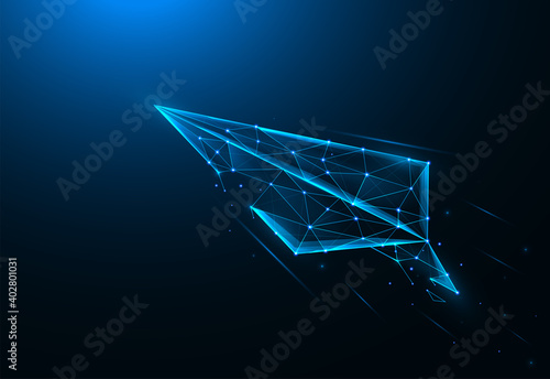 Paper airplane low poly art. Launch paper airplane polygonal vector illustrations on a blue background.