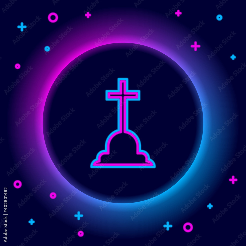Glowing neon line Tombstone with cross icon isolated on black background. Grave icon. Colorful outline concept. Vector. Glowing neon line Tombstone with cross icon isolated on black background. Grave icon. Colorful outline concept. Vector.