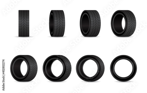 Car tires vector set. Different angles wheels isolated.