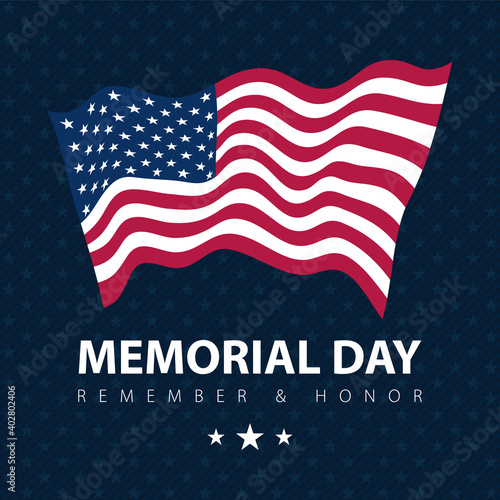 Flag USA on blue vector poster. Memorial day celebration symbol. American veteran remember holiday greeting card.