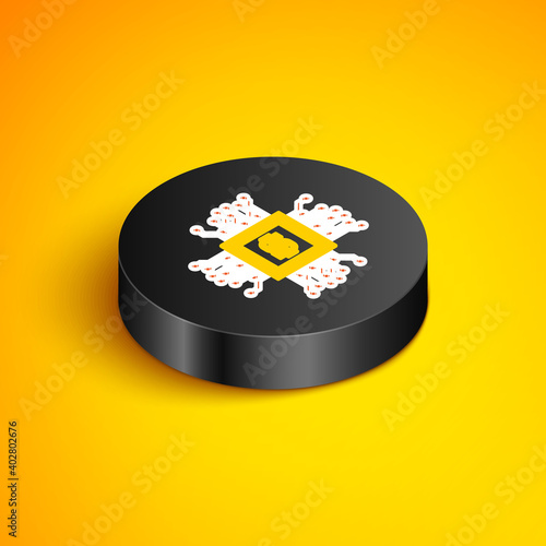Isometric line CPU mining farm icon isolated on yellow background. Bitcoin sign inside processor. Cryptocurrency mining community. Digital money. Black circle button. Vector.