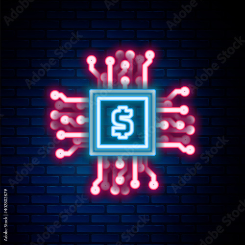 Glowing neon line CPU mining farm icon isolated on brick wall background. Bitcoin sign inside processor. Cryptocurrency mining community. Digital money. Colorful outline concept. Vector.