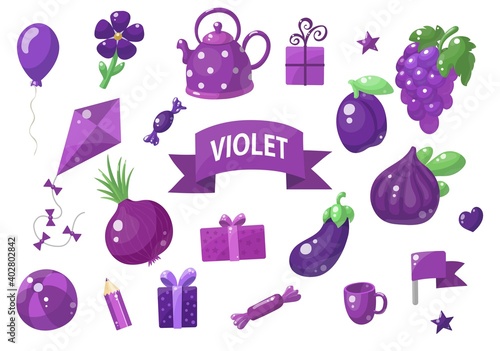 Big set of violet vector objects isolated on white. Fruits, vegetables, food, stars, gifts, balloon and other. Good for color learning