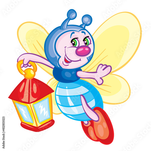 cute firefly character with flashlight in hand, cartoon illustration, isolated object on white background, vector,