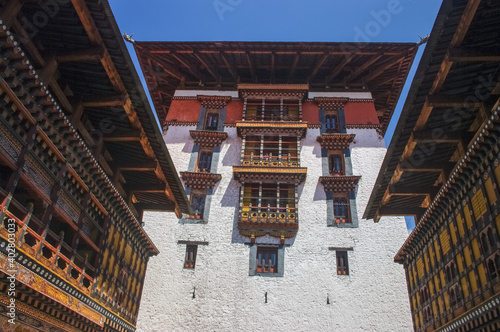 Majestic central utse tower in Paro dzong also known as Rinpung dzong, Western Bhutan