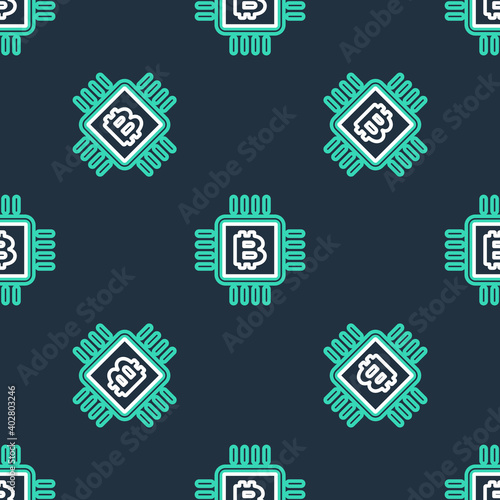 Line CPU mining farm icon isolated seamless pattern on black background. Bitcoin sign inside microchip. Cryptocurrency mining community. Digital money. Vector.