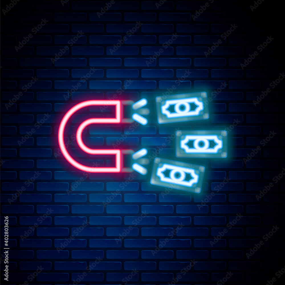 Obraz premium Glowing neon line Magnet with money icon isolated on brick wall background. Concept of attracting investments, money. Big business profit attraction and success. Colorful outline concept. Vector.