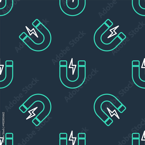 Line Magnet with lightning icon isolated seamless pattern on black background. Horseshoe magnet, magnetism, magnetize, attraction sign. Vector.