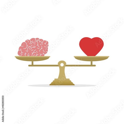 Emotional Quotient and Intelligence. Heart and Brain on the libra. Conflict between emotions and rational thinking. Balance between soul and intellect. Vector illustration.