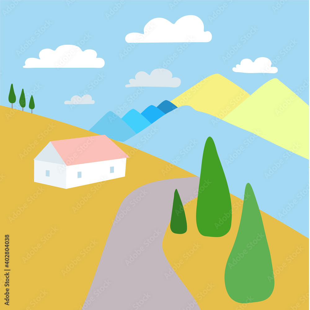 Mountain shelter on mountain landscape background. Flat design blue yellow mountain sky white cloud white build pink roof path Mountain shelter on mountain landscape background. Flat design blue yellow mountain sky white cloud white build pink roof path