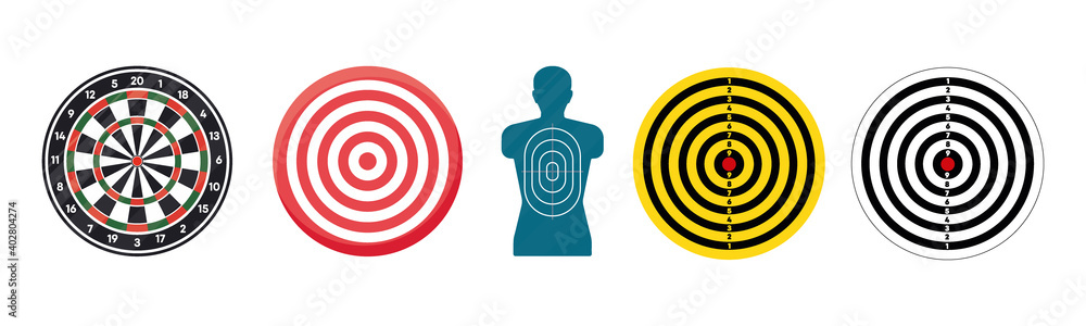 Big set target isolated icons. Targets for shooting. Dartboard icons. Various various arrow board modern icon set on white background. Big set target isolated icons. Targets for shooting. Dartboard icons. Various various arrow board modern icon set on white background.