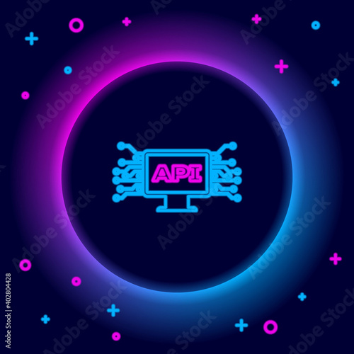 Glowing neon line Computer api interface icon isolated on black background. Application programming interface API technology. Software integration. Colorful outline concept. Vector.