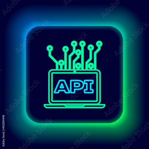 Glowing neon line Computer api interface icon isolated on black background. Application programming interface API technology. Software integration. Colorful outline concept. Vector.
