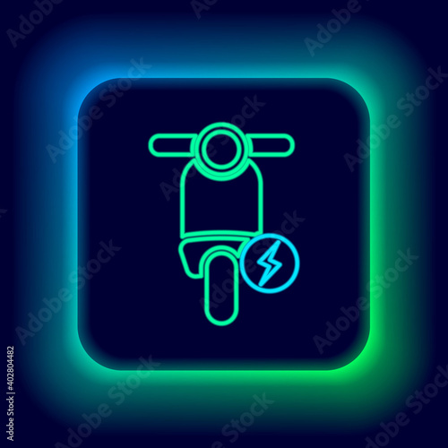 Glowing neon line Electric scooter icon isolated on black background. Colorful outline concept. Vector.
