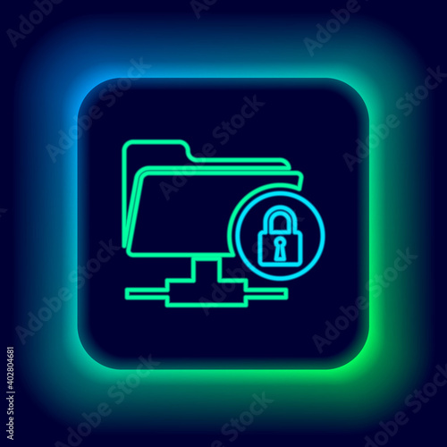 Glowing neon line FTP folder and lock icon isolated on black background. Concept of software update, ftp transfer protocol. Security, safety, protection concept. Colorful outline concept. Vector.