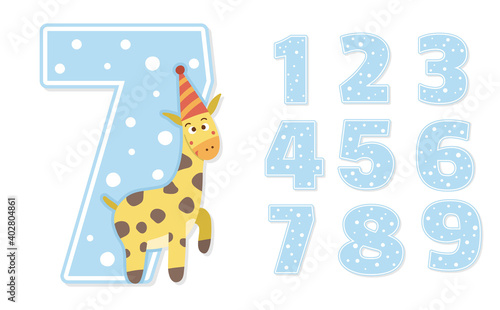 Birthday party numbers set with cute giraffe. Anniversary card templates for kids. Bright blue holiday illustration with funny tropical character. Festive seven year old design for children.