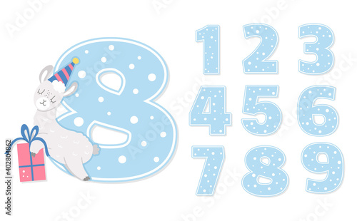 Birthday party numbers set with cute llama. Anniversary card templates for kids. Bright blue holiday illustration with funny Mexican character. Festive eight year old design for children.