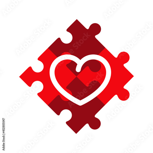 Día de San Valentín. Logotipo con corazón con lineas en color blanco sobre piezas de puzle en color rojo