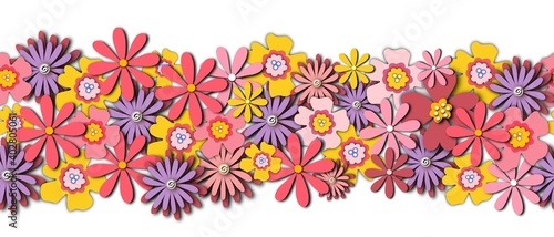 Paper flowers seamless border. Repeating pattern with paper cut florals pink yellow purple. 3D style. Papercutting collage Border for summer  spring  Easter  Birthday  cards. High quality photo.