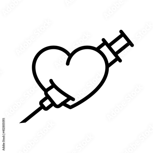 I love Vaccine. Logotipo con corazón atravesado por jeringuilla con lineas en color negro