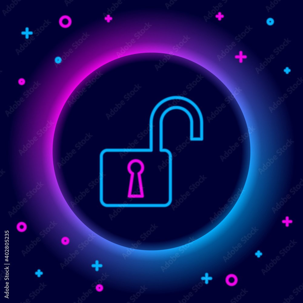 Glowing neon line Open padlock icon isolated on black background. Opened lock sign. Cyber security concept. Digital data protection. Safety safety. Colorful outline concept. Vector. Glowing neon line Open padlock icon isolated on black background. Opened lock sign. Cyber security concept. Digital data protection. Safety safety. Colorful outline concept. Vector.